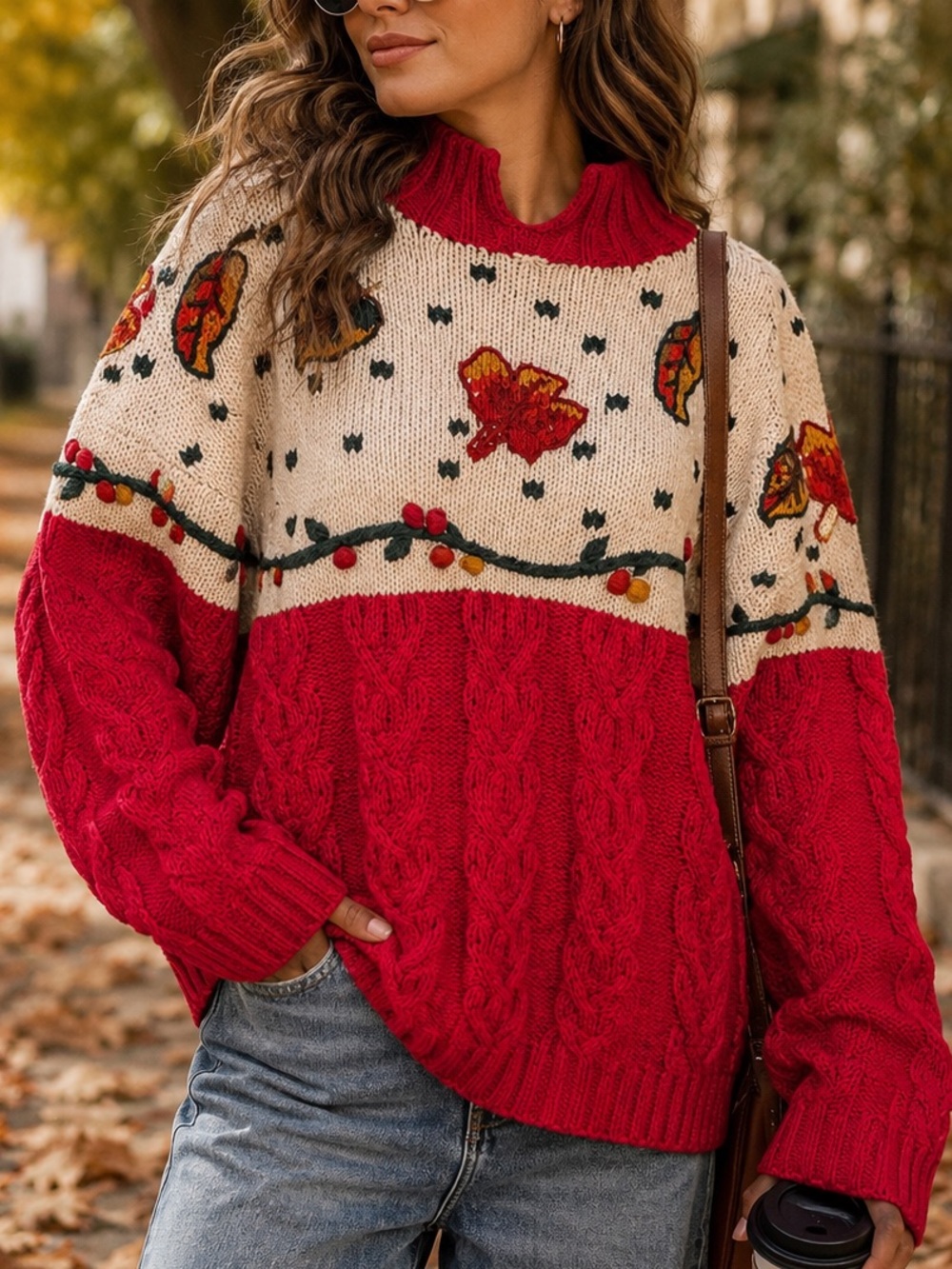 Vintage The Eagles Eye Red Fall Harvest Leaves Embroidered Knit Sweater Sz M